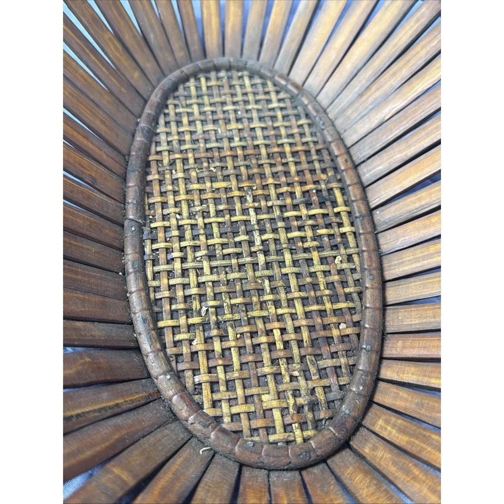 Vintage Rattan Woven Basket Oval Mid Century Wood Trim 12.5x9 Decorative